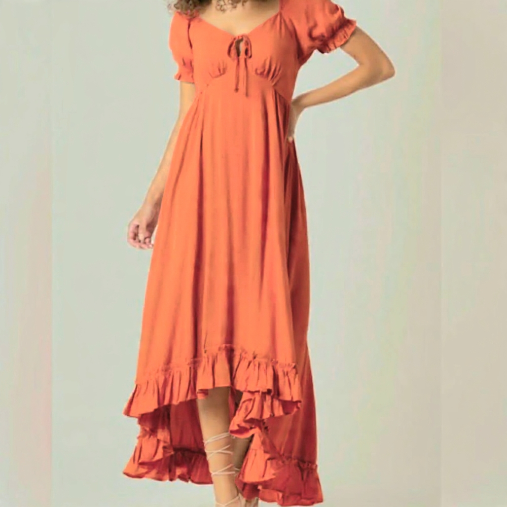 Elegant Orange Ruffle Hem Dress Boho